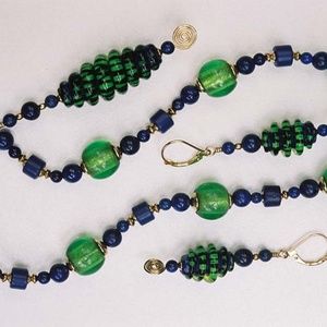 Blue/Green Striped Spiral Lampworked Glass Set